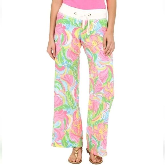 100% Linen Lilly Pulitzer The Beach Pants Pink Multicolor Elastic Waist XS - Picture 1 of 11